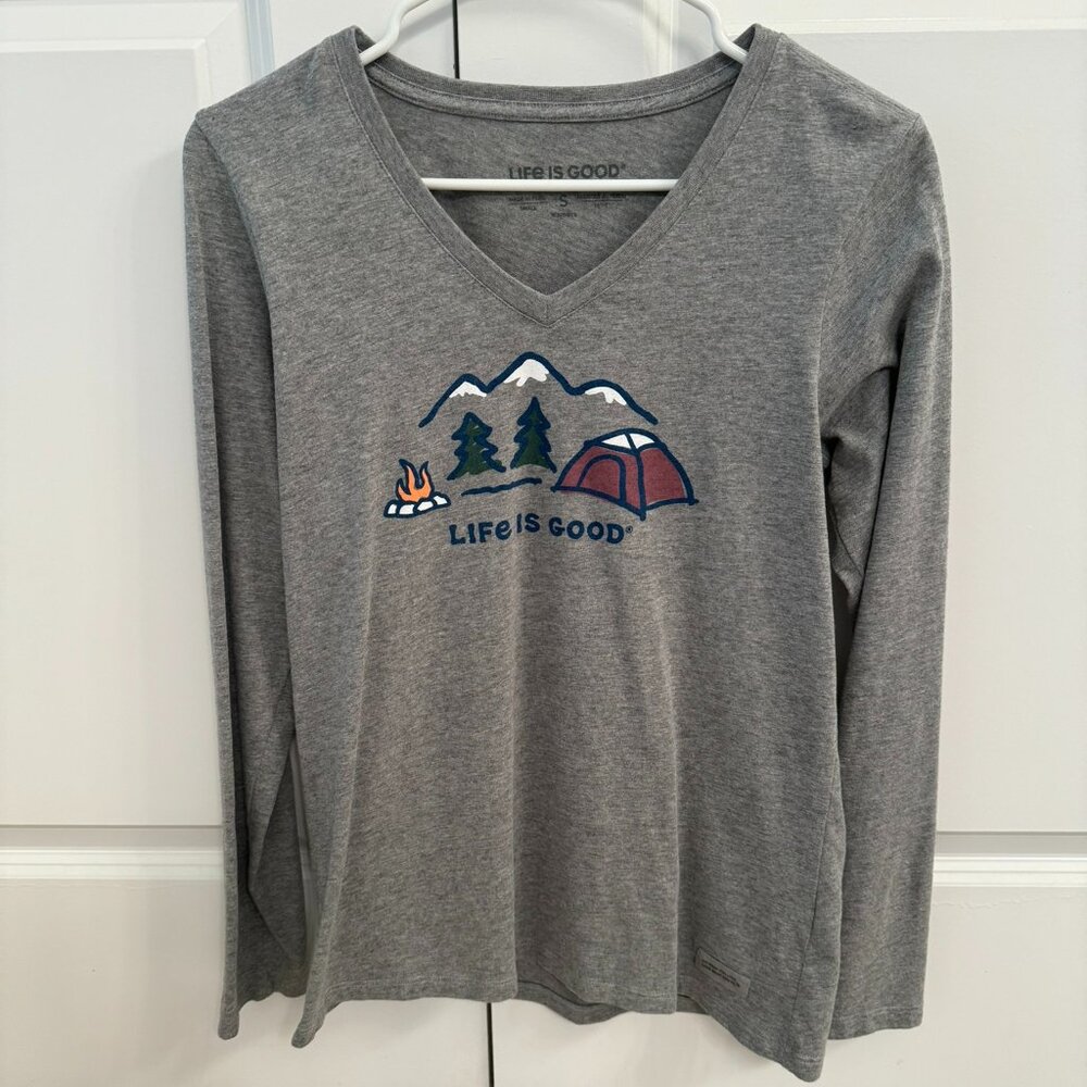 Life Is Good Long Sleeve V Neck Camping T Shirt